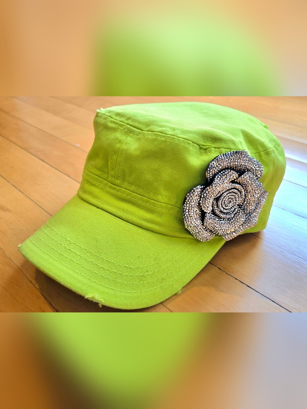 Pit Bull Y2K Lime Green Distressed Cadet Cap Rhinestone Rose McBling Hat